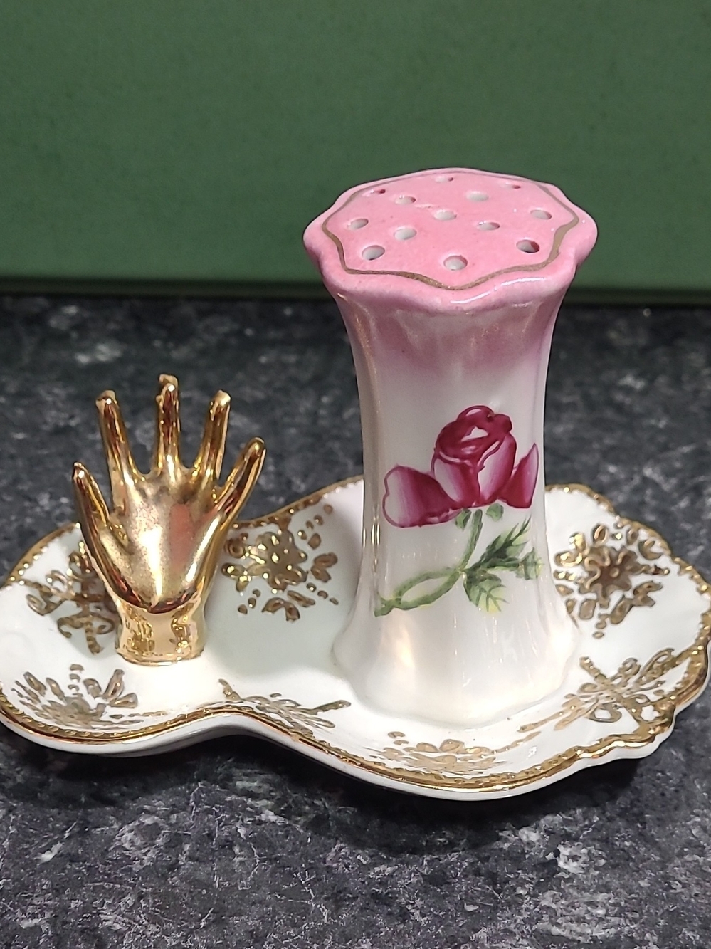 Nippon Porcelain Pink Rose Hat Pin Holder with Gold Hand Accent Ring Holder Dish